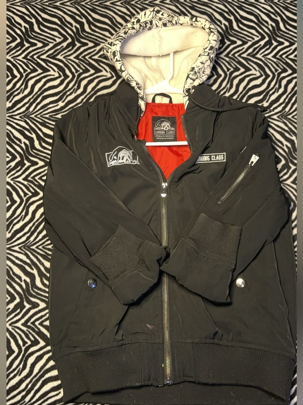 Lurking class skull bomber jacket with red interior